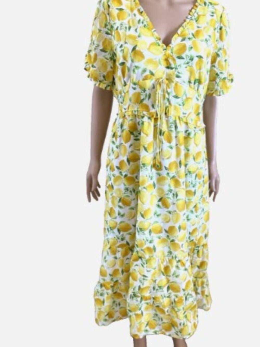 BETSEY JOHNSON Lemon Print Martina 100% Cotton Midi Lined Dress Size XL